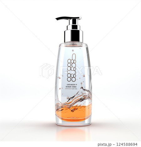 Studio shot featuring a transparent plastic bottle, partially filled with viscous liquid against a minimalist white background 124588694