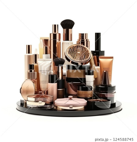 Various makeup and beauty products are displayed on a rotating cosmetic tray, showcasing a range of colors and textures for diverse beauty needs 124588745