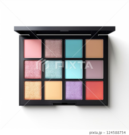 Vibrant and pigmented professional eyeshadow palette with a stunning array of colorful shades, perfect for creating elegant and stylish eye makeup looks 124588754
