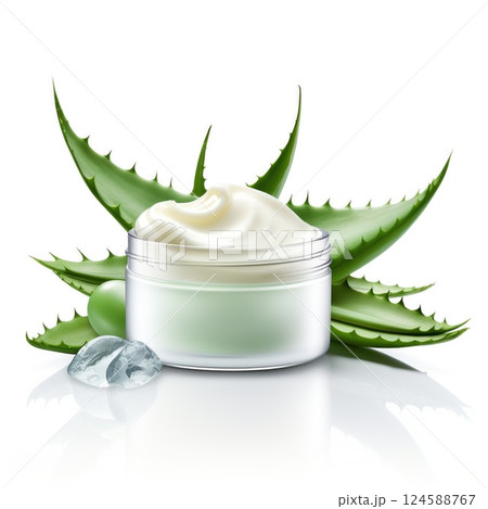 Cosmetic cream jar next to aloe vera plant, showcasing the advantages of natural ingredients for healthy, glowing skin and enhancing overall well being 124588767