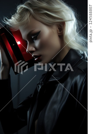 Portrait of a chic blonde woman posing with a red glowing cube, clad in a black leather jacket and dark makeup, exuding an enigmatic and trendy vibe 124588807