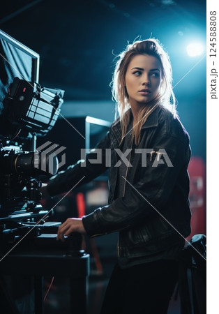 Young female videographer prepares a professional digital cinema camera for filming a movie scene in a studio, emphasizing lighting and composition for the best outcome Young female videographer prepares a professional digital cinema camera for filming a movie scene in a studio, emphasizing lighting and composition for the best outcome 124588808