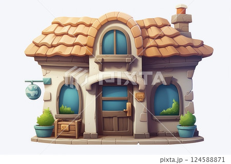 Charming cartoon pet store with a whimsical terracotta tile roof, paw print sign, potted plants, and wooden crate evokes a delightful ambiance 124588871