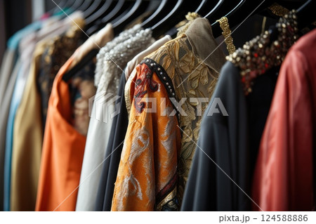 Colorful and luxurious clothes are hanging in a wardrobe, showcasing a variety of fabrics, embroidery, and embellishments, representing fashion, style, and design 124588886