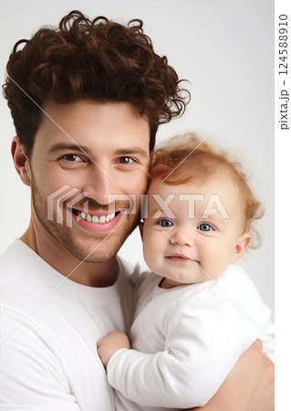 Father and baby in white t shirts, exuding joy and capturing a heartwarming family moment in a cozy portrait 124588910