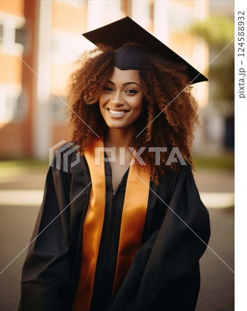 Portrait of a happy young woman in graduation attire, beaming with pride and joy outside on a sunny day after her graduation ceremony 124588932