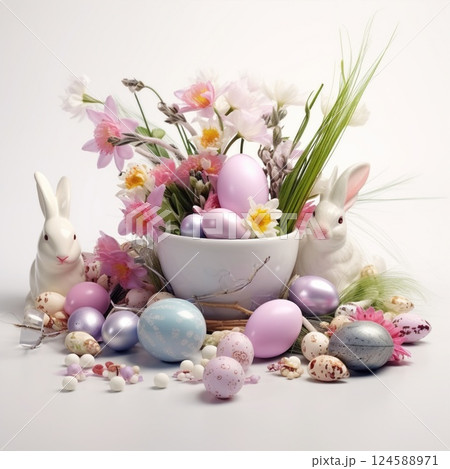 Cheerful and festive centerpiece of white and pastel colored easter eggs nestled among fresh spring flowers in a white bowl celebrates the beauty of the season 124588971