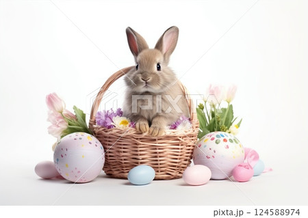 Charming easter bunny nestled in a woven basket amidst vibrant, hand painted eggs and fresh spring blooms, setting a joyous and lively easter atmosphere Charming easter bunny nestled in a woven basket amidst vibrant, hand painted eggs and fresh spring blooms, setting a joyous and lively easter atmosphere 124588974