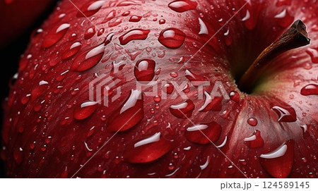 A Fresh Red Apple Sprinkled with Water Droplets, Ready for Enjoyment and Tasting Delight A Fresh Red Apple Sprinkled with Water Droplets, Ready for Enjoyment and Tasting Delight 124589145