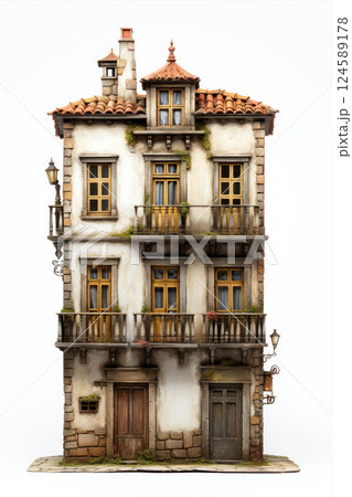 Exquisite miniature model showcasing a delightful, aged european building with balconies, a tiled roof, street lamps, and lush foliage, evoking a sense of bygone elegance Exquisite miniature model showcasing a delightful, aged european building with balconies, a tiled roof, street lamps, and lush foliage, evoking a sense of bygone elegance 124589178