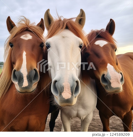 Three Majestic Horses Gracefully Posing Together in a Beautiful Natural Landscape Three Majestic Horses Gracefully Posing Together in a Beautiful Natural Landscape 124589209