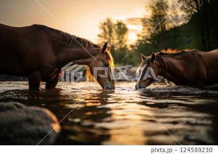 A group of stunningly beautiful horses gracefully drinking refreshing water by the river 124589230