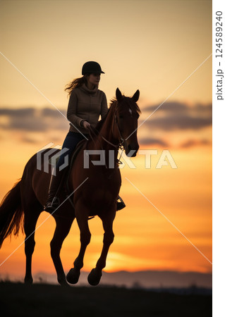 Young woman riding her horse in english riding style, enjoying the golden hues of sunset in the peaceful countryside, surrounded by a serene landscape and vibrant colors 124589240