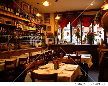 Cozy lighting highlights the stylish decor of an italian eatery, featuring arranged tables, wooden seating, and a fully stocked bar framed by brick arches, to create an inviting ambiance 124589324
