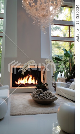 A Modern Elegance Living Room that features a stunning Chandelier and a cozy Fireplace. Luxury minimalism spacious room for living 124589334