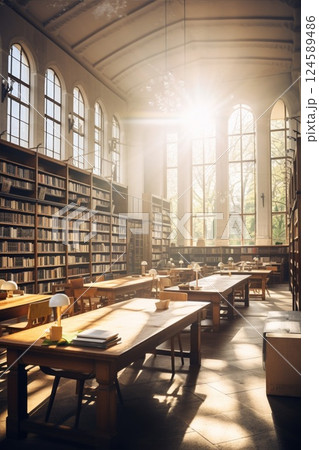 Light and spacious reading room Interior of a library. Books on shelves and tables. Historical building. Scientific and fiction literature 124589486