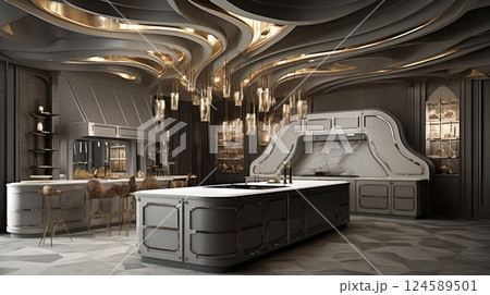 Spacious contemporary kitchen with copper pipes and stylish steel furniture, crafting a lavish industrial ambiance ideal for culinary innovation and gourmet cooking 124589501