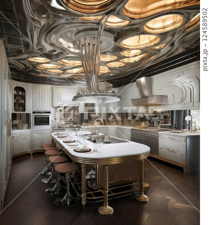 Spacious contemporary kitchen with copper pipes and stylish steel furniture, crafting a lavish industrial ambiance ideal for culinary innovation and gourmet cooking 124589502