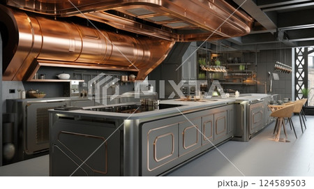 Spacious contemporary kitchen with copper pipes and stylish steel furniture, crafting a lavish industrial ambiance ideal for culinary innovation and gourmet cooking 124589503