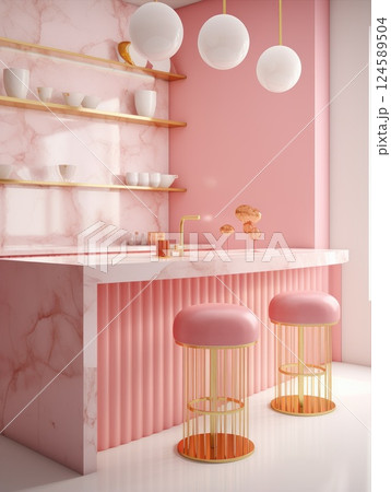 Elegant pink and gold bar stools enhance a modern kitchen with marble countertop and luxurious golden details, creating a sophisticated atmosphere 124589504