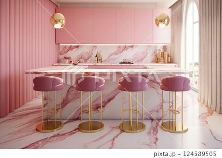 Elegant pink and gold bar stools enhance a modern kitchen with marble countertop and luxurious golden details, creating a sophisticated atmosphere 124589505