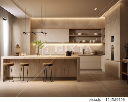 Minimalist kitchen with light wood cabinetry, central island, and stylish pendant lights bathed in warm sunlight, creating a serene and inviting space 124589506