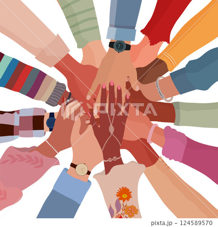 Isolated group hands on top of each other of multicultural people. Community teamwork cooperation concept.Diverse culture. Equality diversity inclusion. Agreement between colleagues 124589570