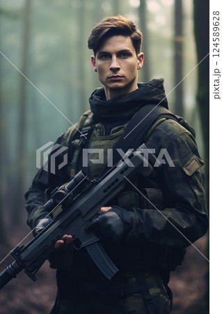A soldier in camouflage stands alert in a lush forest, embodying bravery and determination. A man with a machine gun 124589628