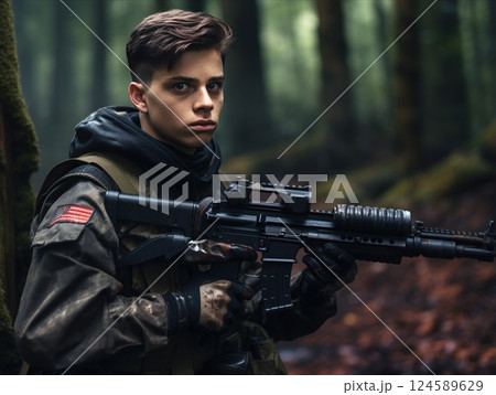 A soldier in camouflage stands alert in a lush forest, embodying bravery and determination. A man with a machine gun A soldier in camouflage stands alert in a lush forest, embodying bravery and determination. A man with a machine gun 124589629