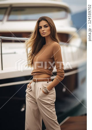Stylish woman confidently walks along a pier with luxury yachts in a coastal town, enjoying the vibrant atmosphere 124589702
