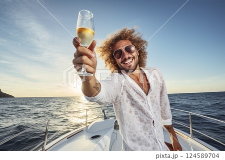 Man enjoy celebration party and fun luxury summer outdoor lifestyle by drinking champagne, travel vacation on yacht boat sailing in the sea 124589704