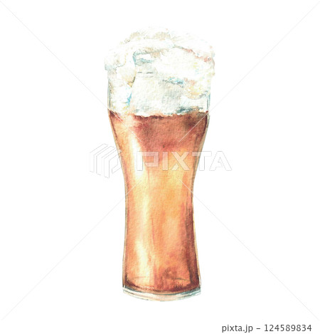 A glass of Beer. Foamy beer drinks, pint of light golden alcoholic beverage. Watercolor drawing illustration for Oktoberfest Germany festival card, sticker. Hand drawn isolated from background clipart 124589834