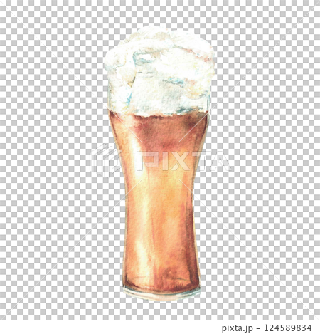 A glass of Beer. Foamy beer drinks, pint of light golden alcoholic beverage. Watercolor drawing illustration for Oktoberfest Germany festival card, sticker. Hand drawn isolated from background clipart 124589834