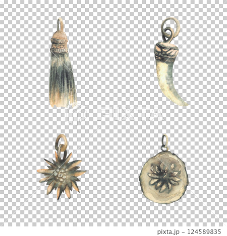 Charivari set. Bavarian Lederhosen krachlederne decor element at Oktoberfest. Traditional clothing pendant for mens leather pants that hang on a chain. Hand drawn watercolor isolated illustration Charivari set. Bavarian Lederhosen krachlederne decor element at Oktoberfest. Traditional clothing pendant for mens leather pants that hang on a chain. Hand drawn watercolor isolated illustration 124589835