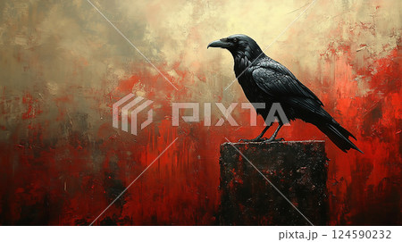 赤と金の抽象背景に佇むカラス 124590232