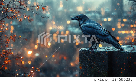 雨に濡れた街の灯とカラス 雨に濡れた街の灯とカラス 124590236
