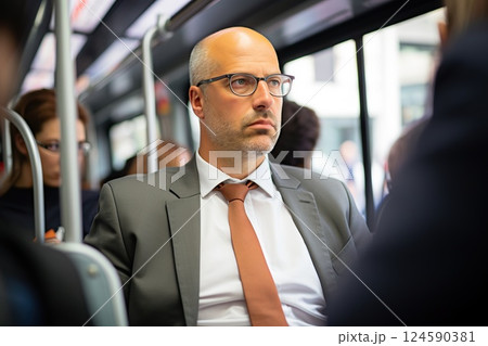 Urban Contemplation Mature Businessman in Transit, Pensive in Suit, Amidst Diverse City Bus Commuters, Reflecting on the Day Ahead. created with Generative AI 124590381