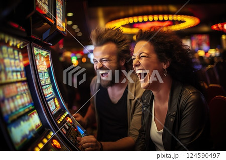 Jackpot Jubilation Friends Reveling in Joy at Casino Slot Machine, Bathed in Vibrant Lights, Eagerly Anticipating the Thrill of a Potential Win. created with Generative AI Jackpot Jubilation Friends Reveling in Joy at Casino Slot Machine, Bathed in Vibrant Lights, Eagerly Anticipating the Thrill of a Potential Win. created with Generative AI 124590497