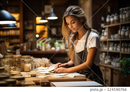 Crafted Ambition Focused Young Woman at Rustic Wooden Counter, Illuminating Artisanal Shop, Showcasing Dedication in a Modern Small Business Setting. created with Generative AI Crafted Ambition Focused Young Woman at Rustic Wooden Counter, Illuminating Artisanal Shop, Showcasing Dedication in a Modern Small Business Setting. created with Generative AI 124590766