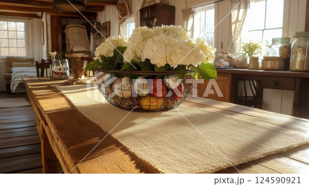 Add charm to any spring gathering with this elegant Easter centerpiece featuring vintage decorations and colorful Easter eggs nestled in a wire bowl. Perfect for enhancing your home decor 124590921
