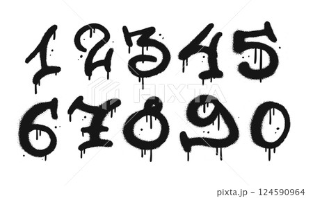 Urban graffiti numbers drip paint set. Black on white, 1, 2, 3, 4, 5, 6, 7 8, 9. Vector textured illustration. Numbers from zero to nine. Set of graffiti number spray. 90s Elements decoration. 124590964