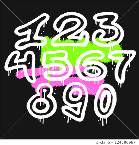 Urban graffiti white spray paint numbers set isolated on black background. Spray Painted Graffiti figures. Vector hand drawn cliparts 124590967