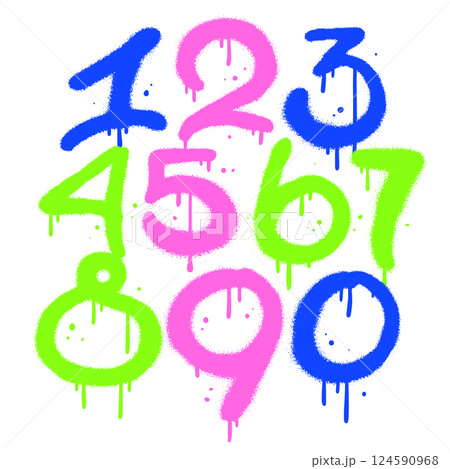 Set of grunge sprayed brush drawn numbers from 0 to 9. Dirty painted colorful numbers collection. Hand drawn typography vector elements. Distressed characters with leaks and drips. Set of grunge sprayed brush drawn numbers from 0 to 9. Dirty painted colorful numbers collection. Hand drawn typography vector elements. Distressed characters with leaks and drips. 124590968