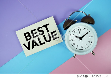 Best Value text message with alarm clcok top view on purple, blue ana pink geometrick background 124591008