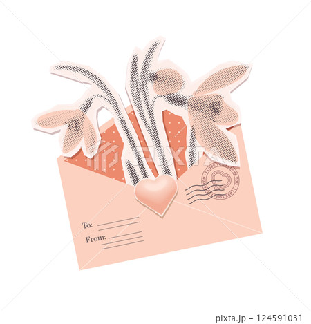 Whimsical halftone collage featuring spring flowers inside an envelope. Mixed media art with beige envelope filled with snowdrops. Vintage bouquet symbolizes a letter with spring mood and love. Vector Whimsical halftone collage featuring spring flowers inside an envelope. Mixed media art with beige envelope filled with snowdrops. Vintage bouquet symbolizes a letter with spring mood and love. Vector 124591031