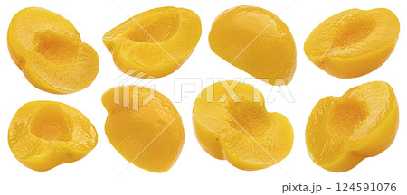 Canned peach or apricot fruit halves isolated on white background 124591076