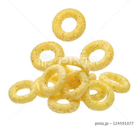 Crispy onion rings isolated on white background with clipping path, package design element 124591077
