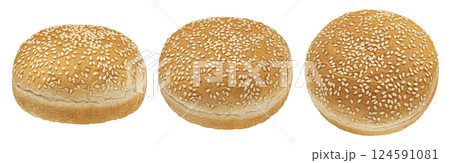 Burger buns with sesame seeds isolated on white background with clipping path, full depth of field 124591081