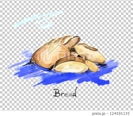 An illustration of multiple breads such as pain de campagne, baguettes, and French bread displayed on a blue background 124591135