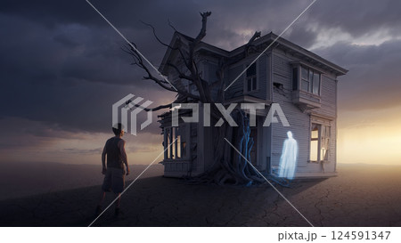 Home Return of a young man standing in front of a ravaged house, looking far away for someone. A desolate house with a dry land and tree and a ghost at threshold Home Return of a young man standing in front of a ravaged house, looking far away for someone. A desolate house with a dry land and tree and a ghost at threshold 124591347